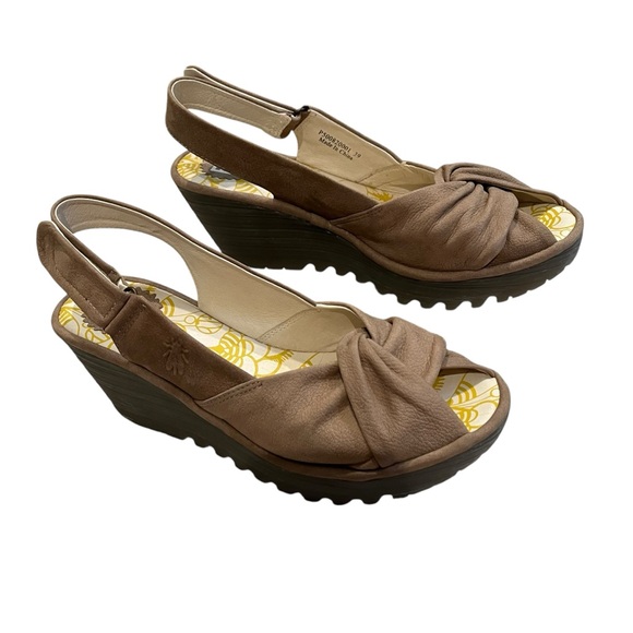 Fly London Shoes - FLY London Yates Taupe Nubuck Wedge Sandal, Sz 39